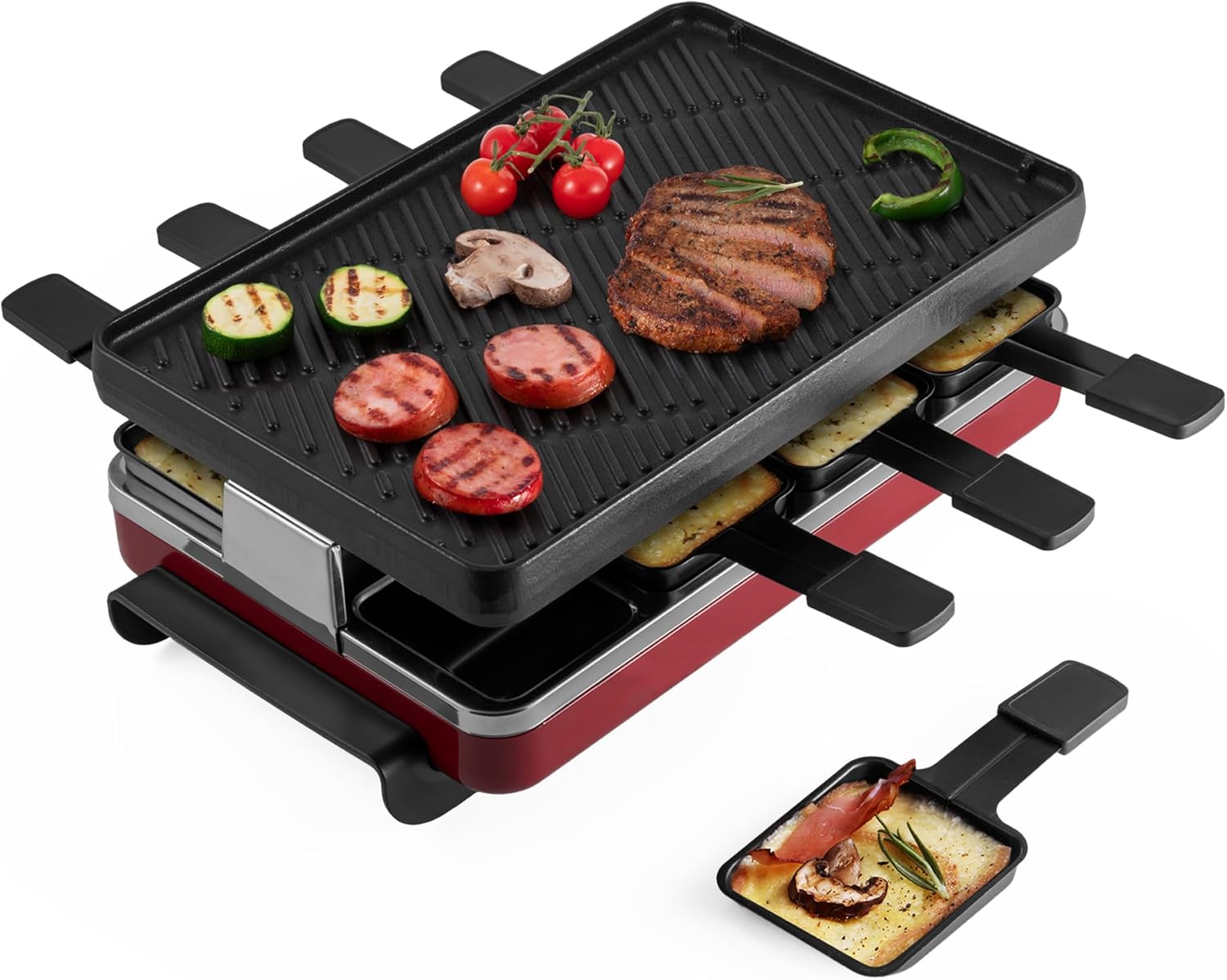 Swissmar Classic 8-Person Raclette Grill – Cast Iron Plate – Red