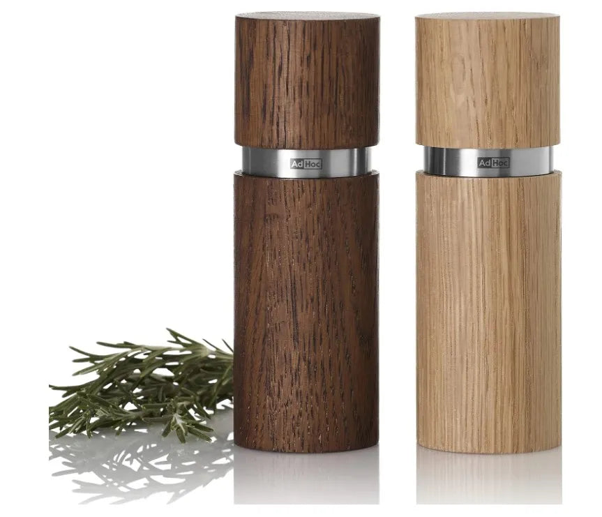AdHoc Textura Salt and Pepper Mill Set – Light / Dark Oak Wood – 6" / 15 cm