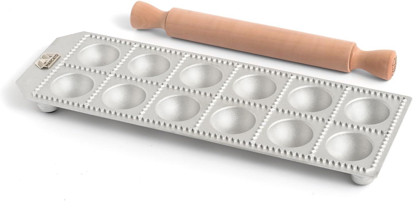 Marcato Premium Ravioli Maker Mold with Rolling Pin – 5.5 cm / 2.1"