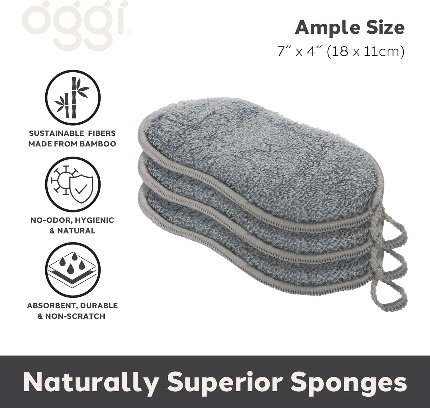 Oggi Set of 3 Grey Bamboo Kitchen Sponges