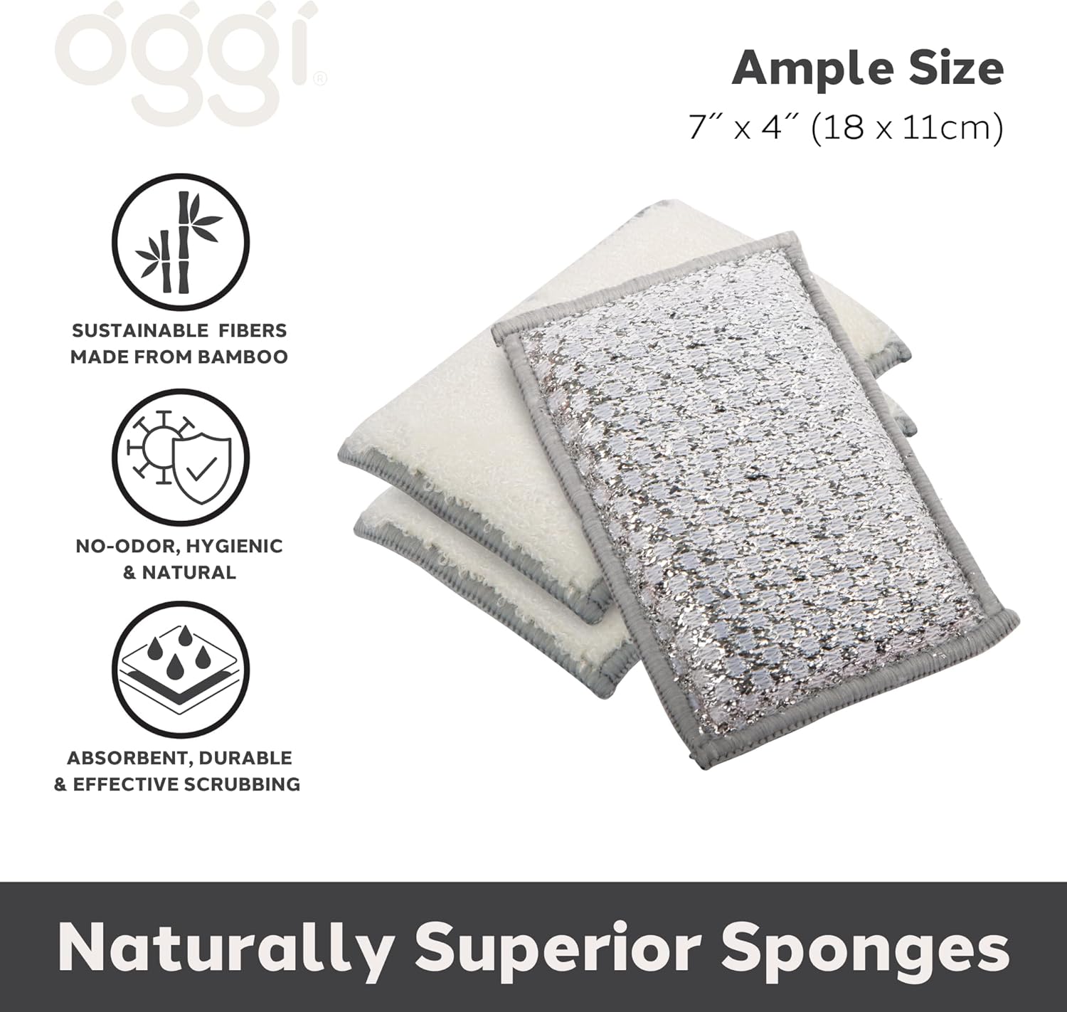 Oggi Set of 3 Grey Bamboo Scrubbing Sponges