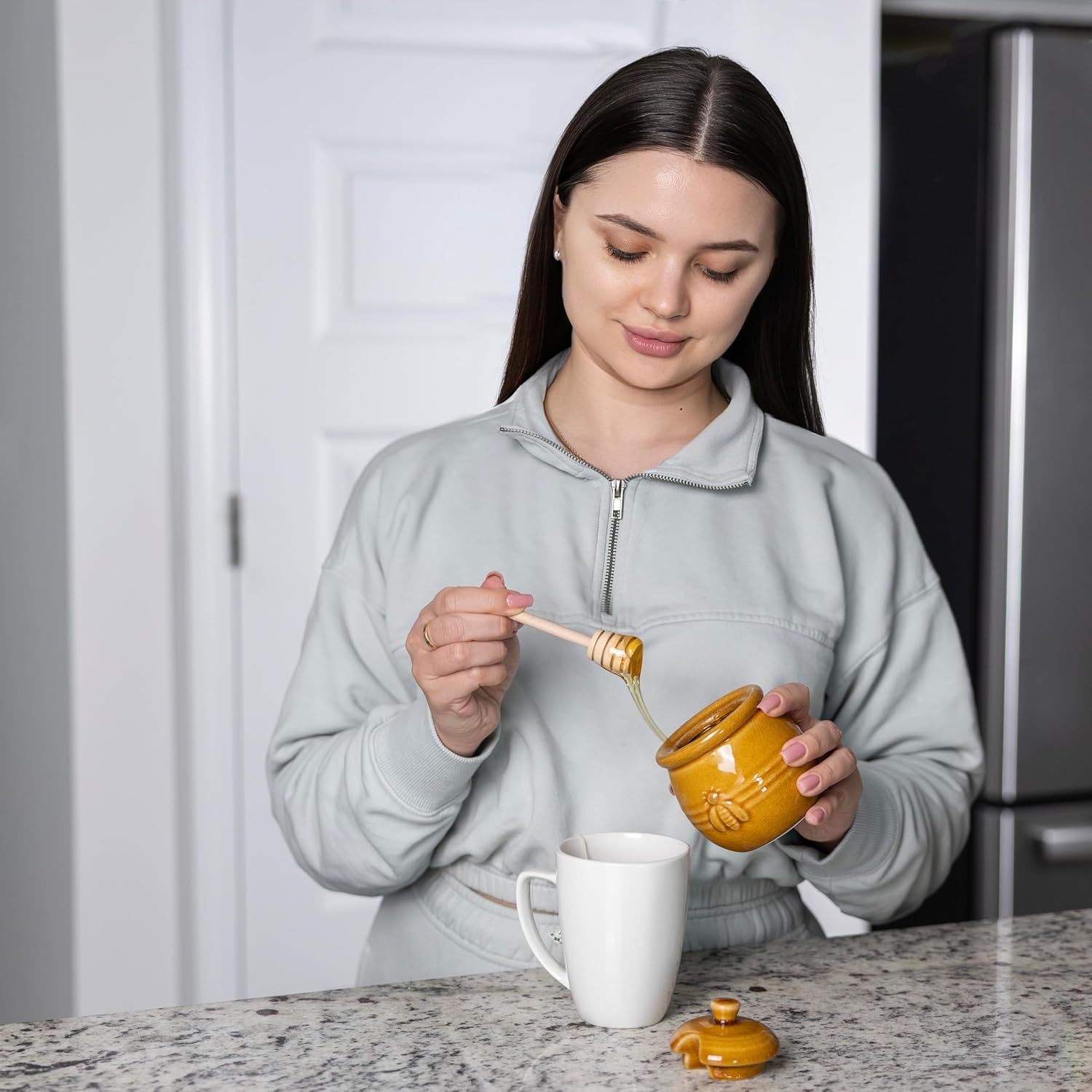 Fox Run Ceramic Honey Jar with Wood Dipper