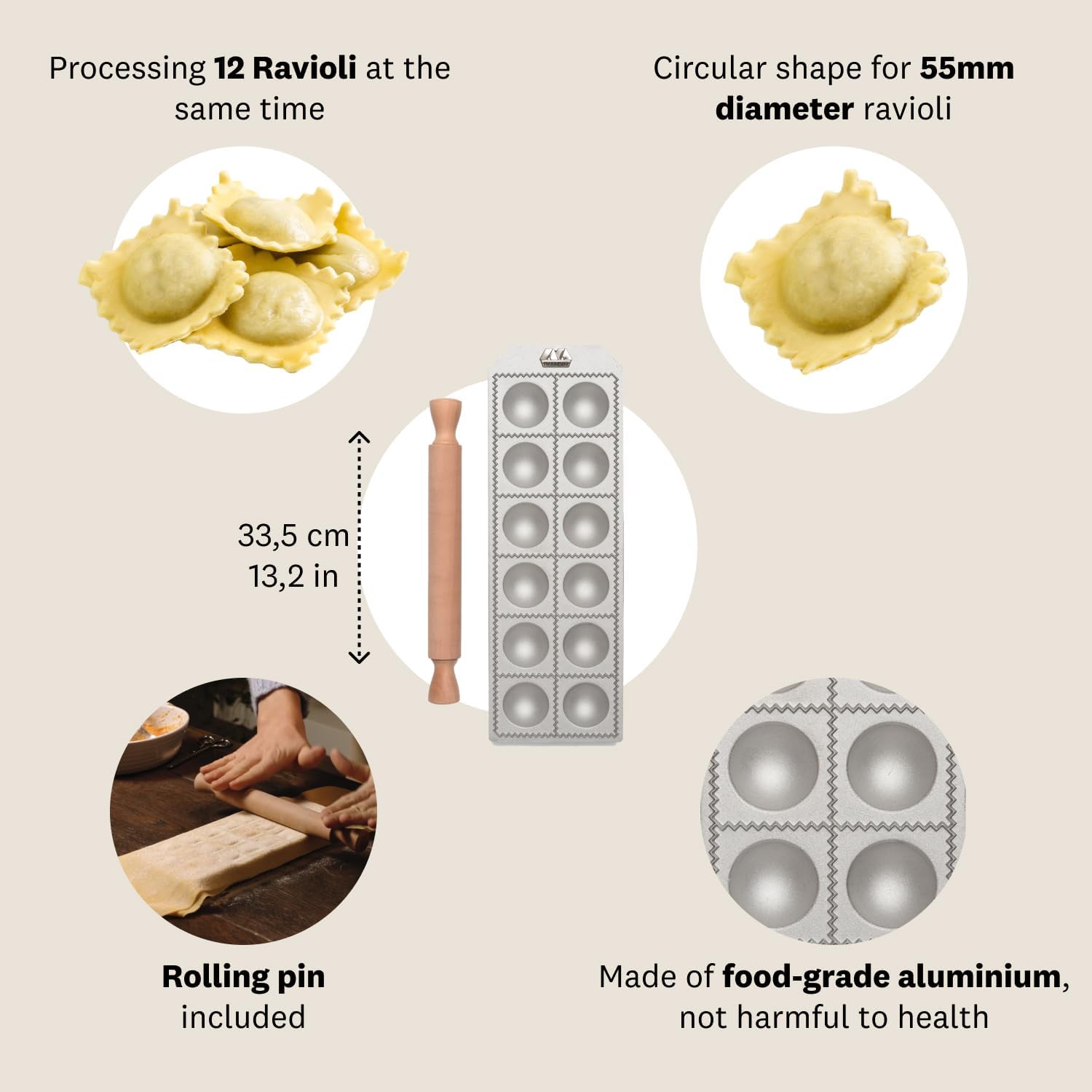 Marcato Premium Ravioli Maker Mold with Rolling Pin – 5.5 cm / 2.1"