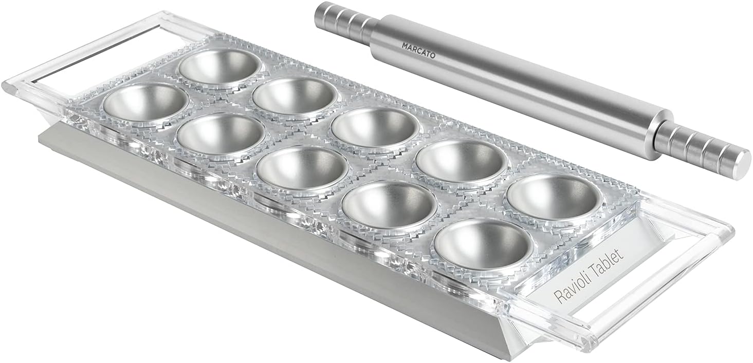 Marcato Premium Ravioli Tablet with Rolling Pin, Silver