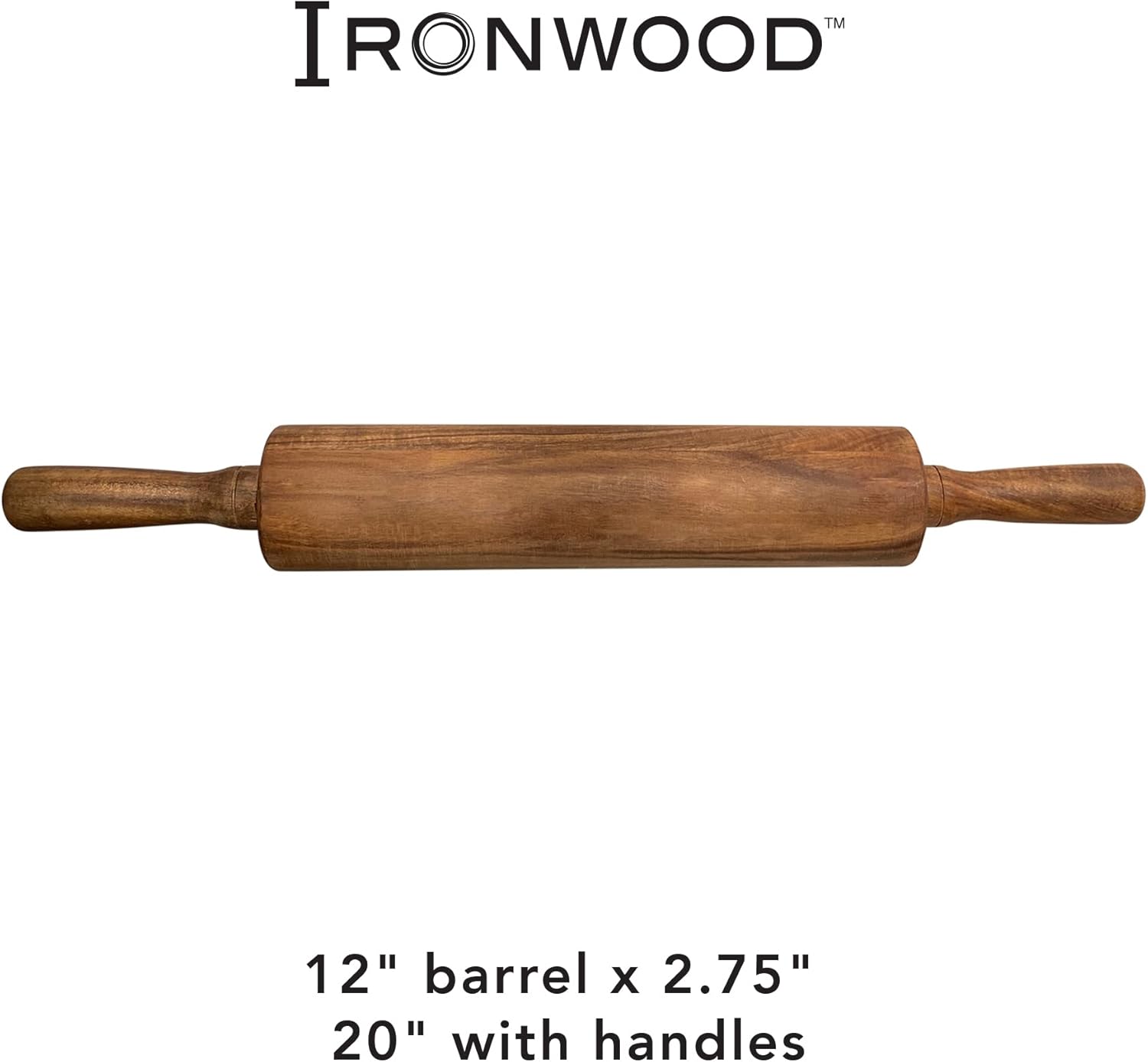 Rolling Pin – 12" / 30.5 cm Barrel, Acacia Wood