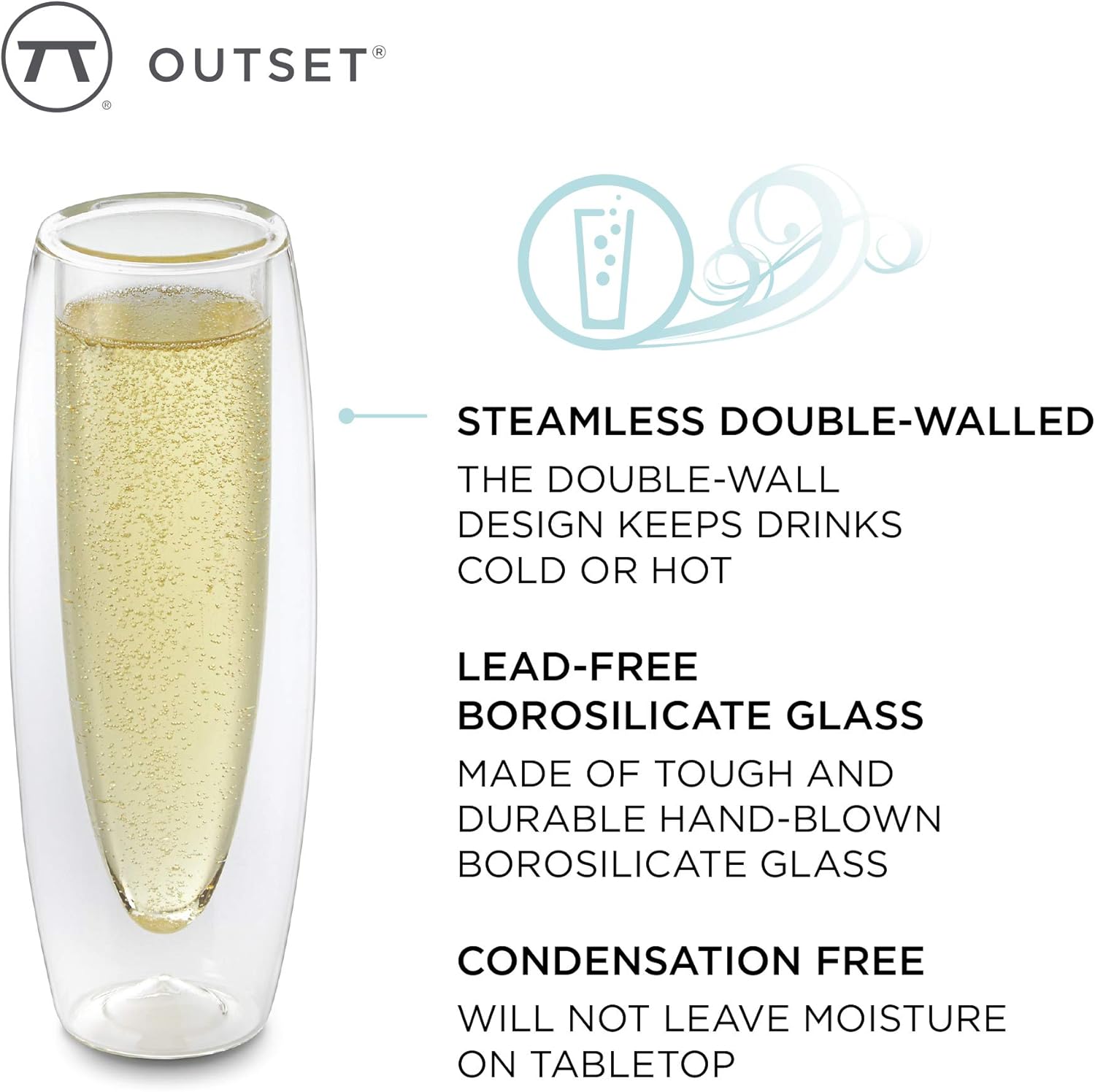 Outset Double Wall Stemless Champagne Flutes Set of 2 – Borosilicate