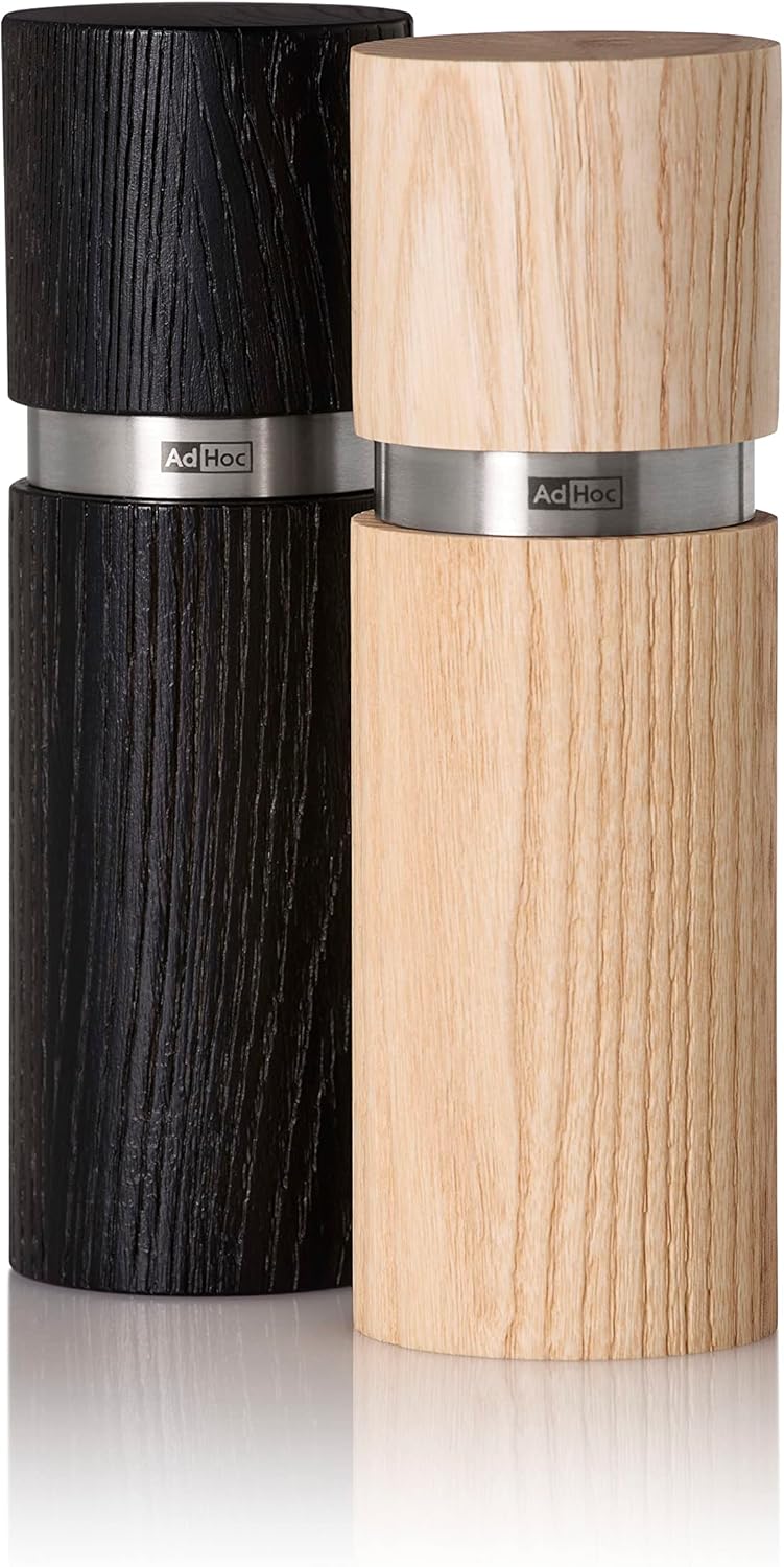 AdHoc Textura Salt and Pepper Mill Set – Light / Dark Ash Wood – 6" / 15 cm by Kitchen Niche