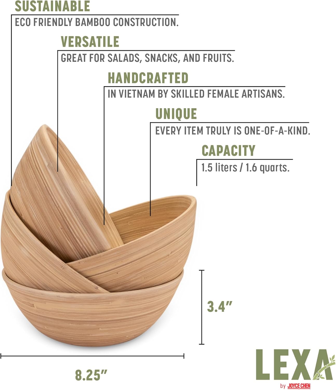 Joyce Chen Lexa Bamboo Salad Bowl Set – Natural – 8 Inch – Set of 4