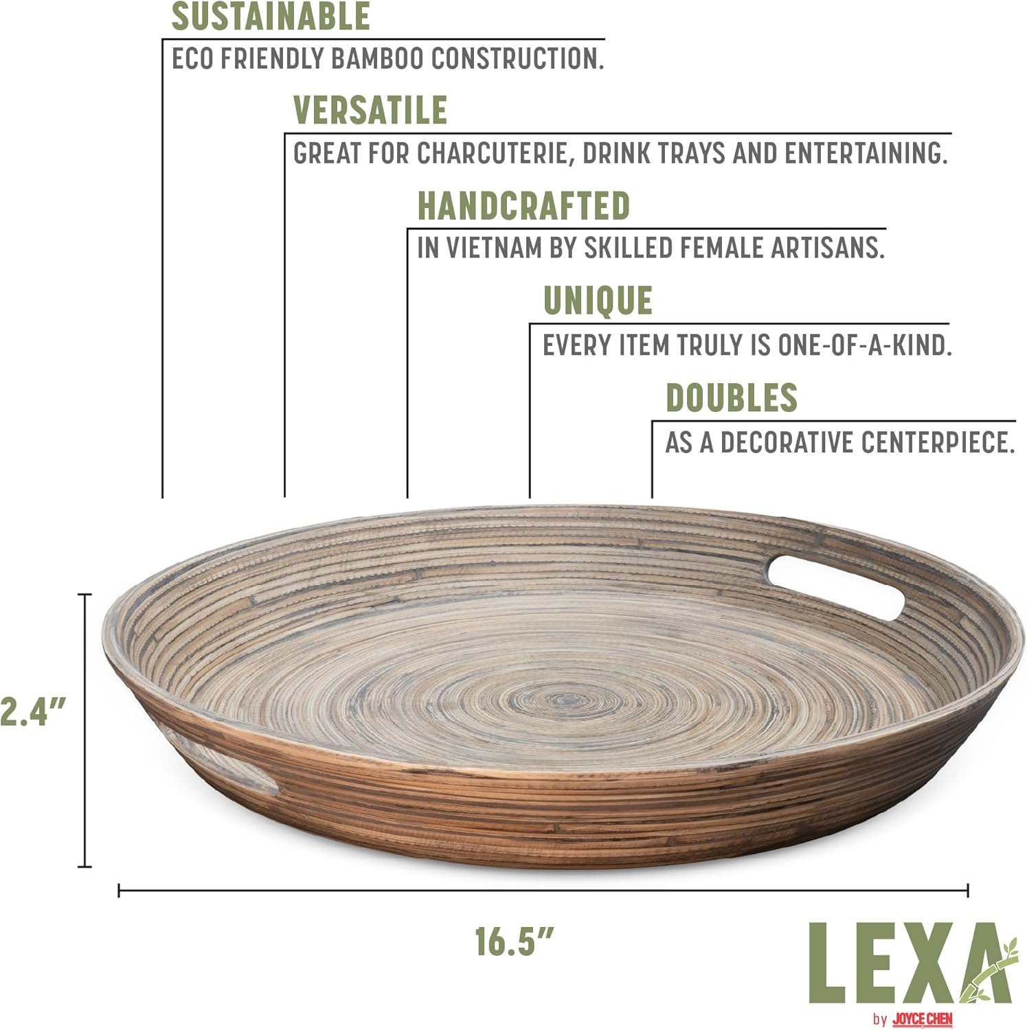 Joyce Chen Lexa Bamboo Serving Tray with Handles – Black – 16 Inch