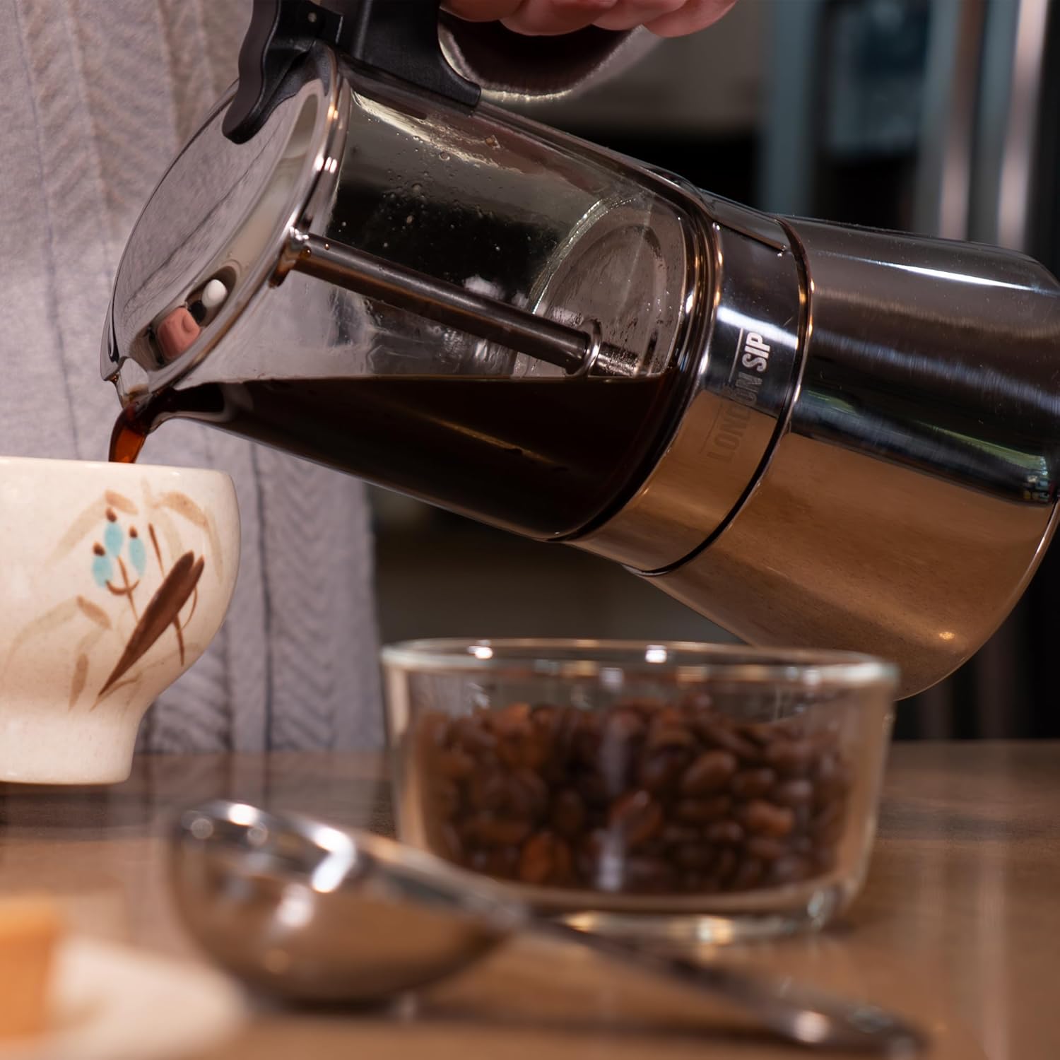 London Sip Stainless Steel Espresso Maker – Glass Carafe – 6 Cup