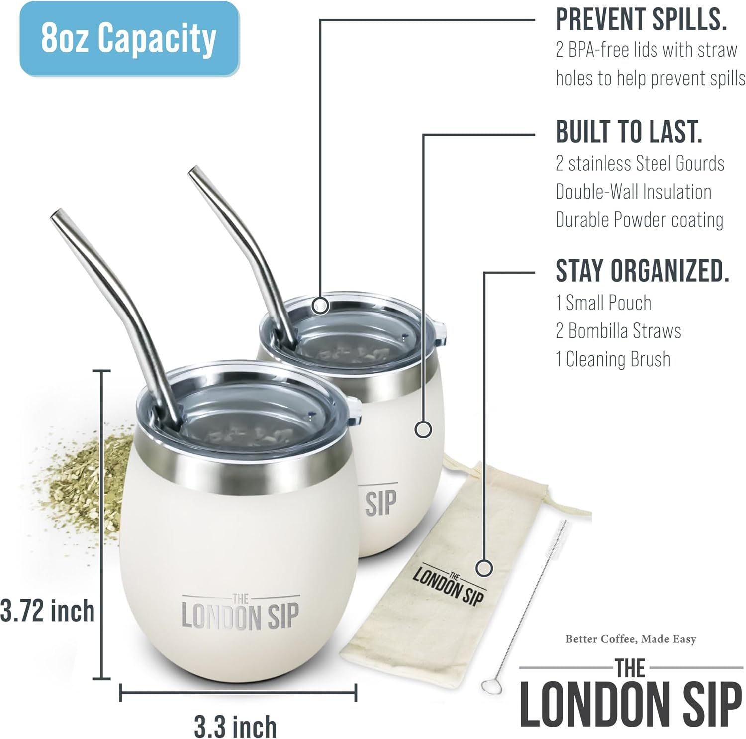 London Sip Yerba Mate Cup 2-Pack Set – Pearl White – 8 oz