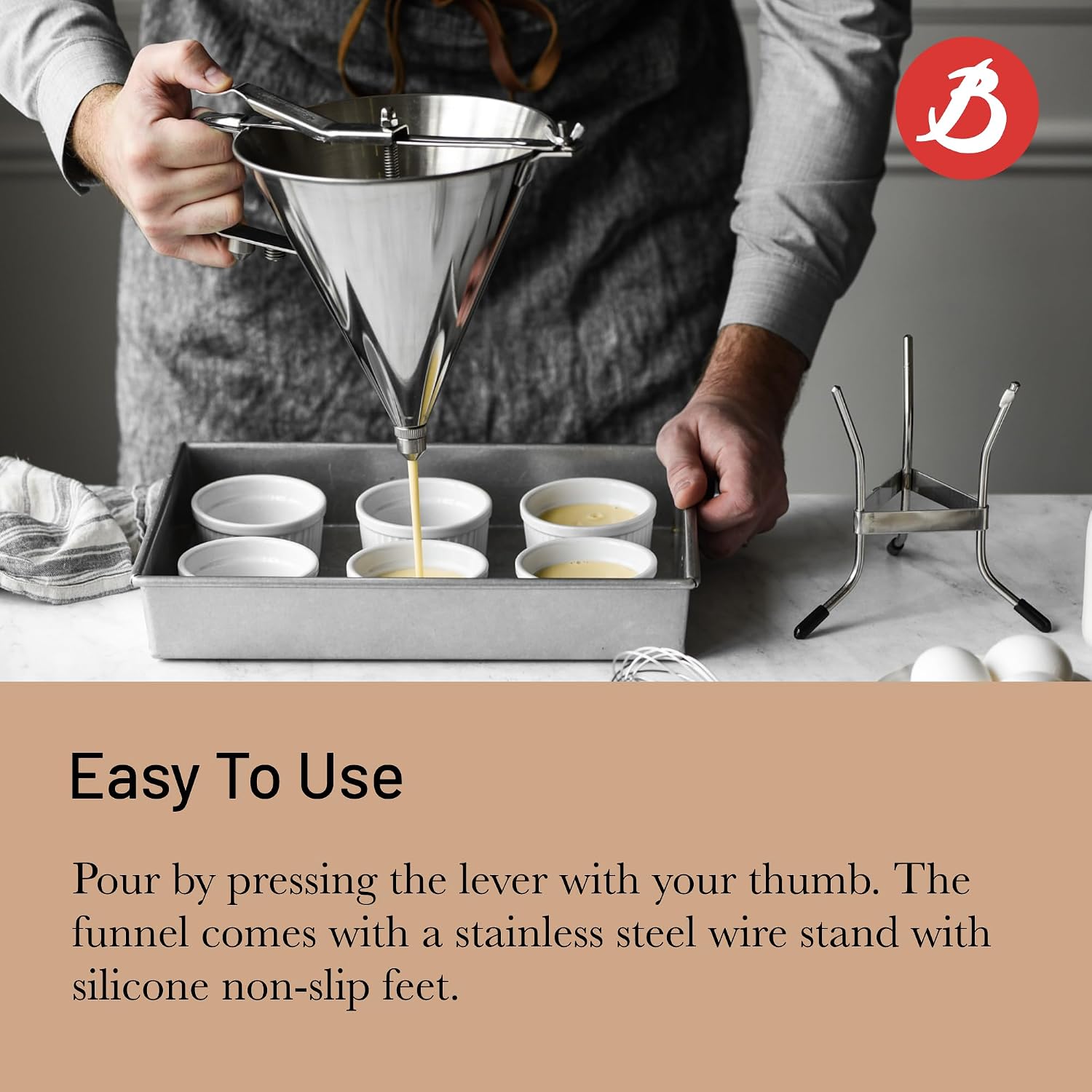 De Buyer Automatic Stainless Steel Piston Funnel with Stand – 1.9 L