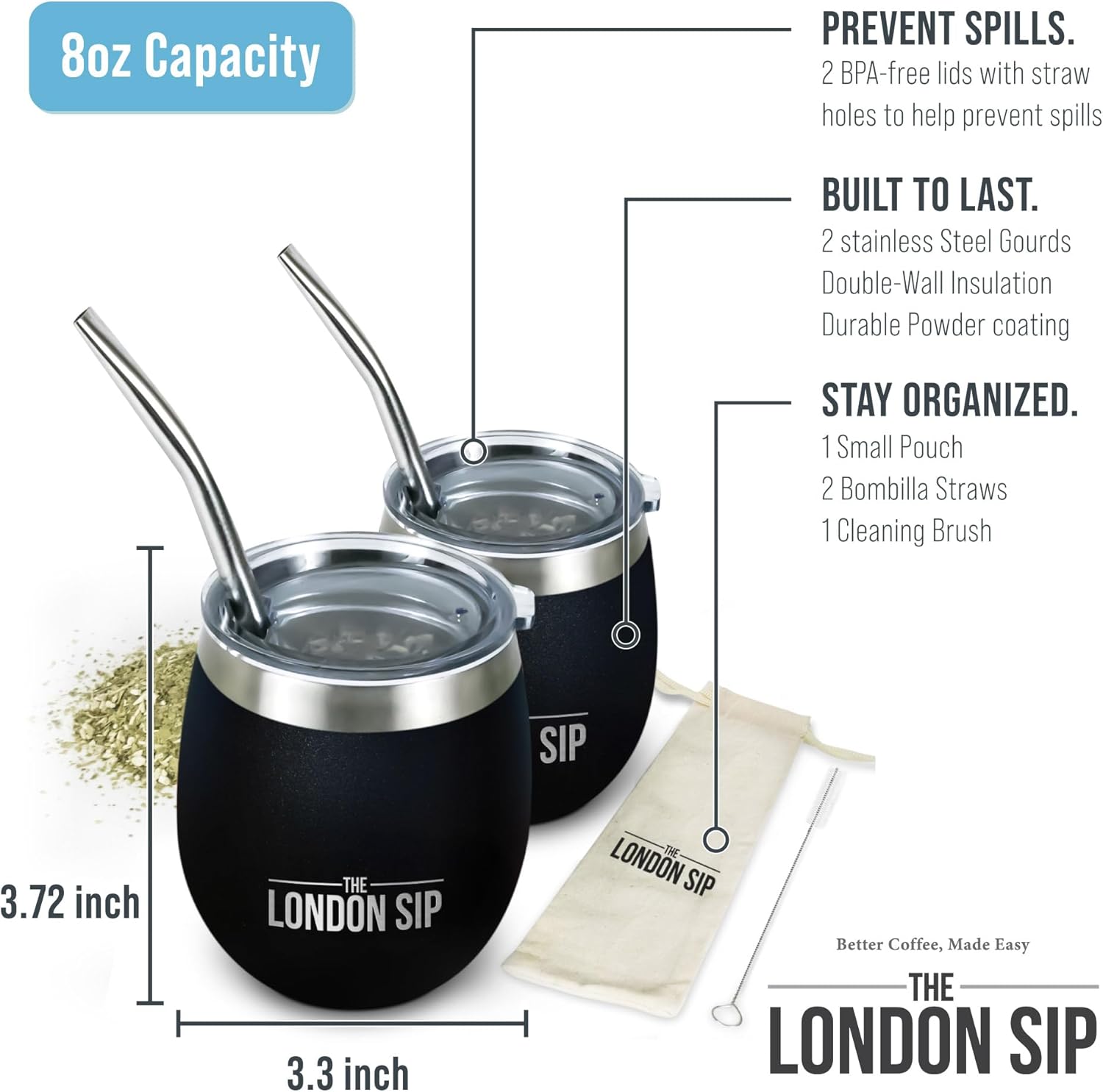 London Sip Yerba Mate Cup 2-Pack Set – Black – 8 oz