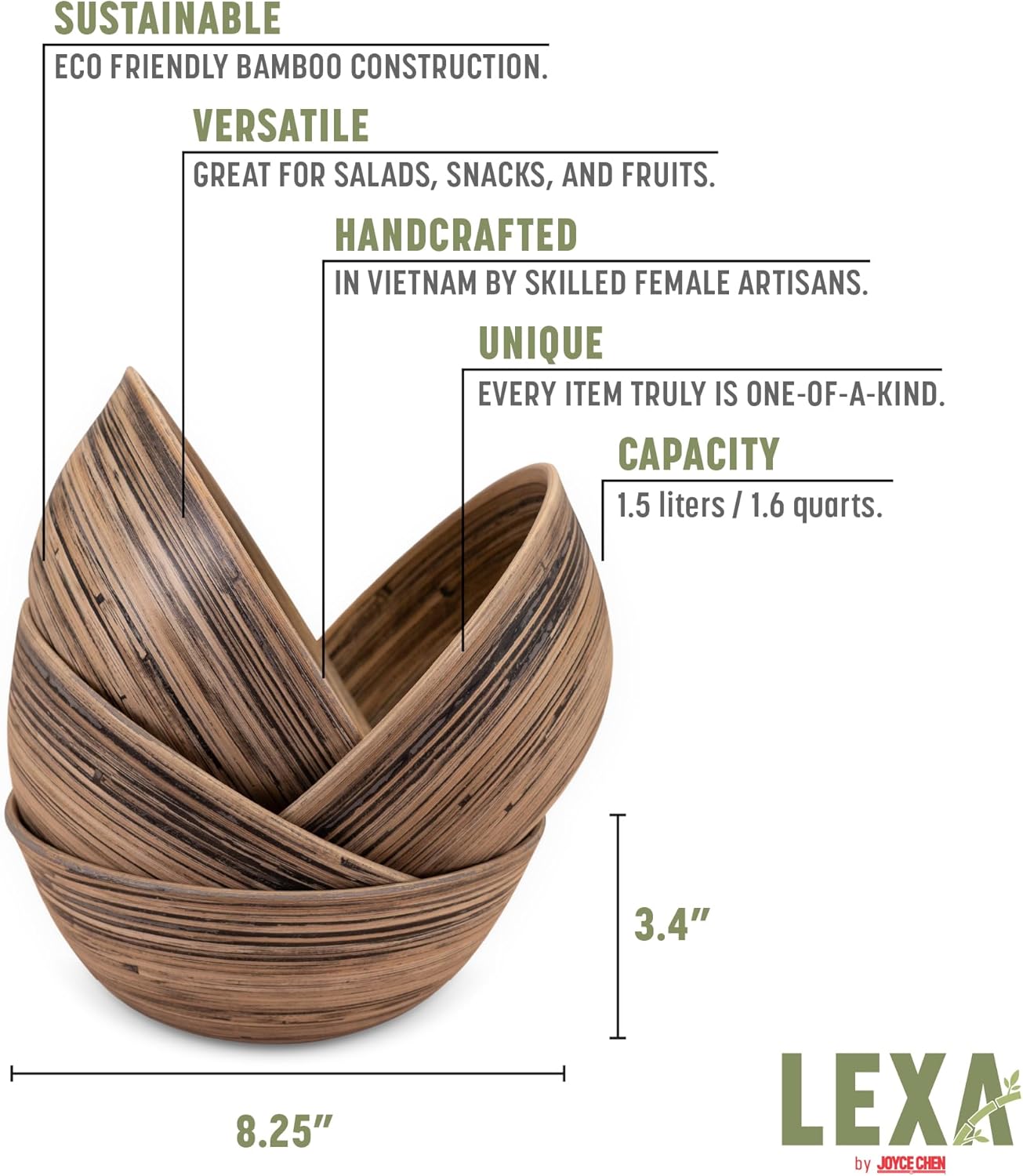 Joyce Chen Lexa Bamboo Salad Bowl Set – Black – 8 Inch – Set of 4