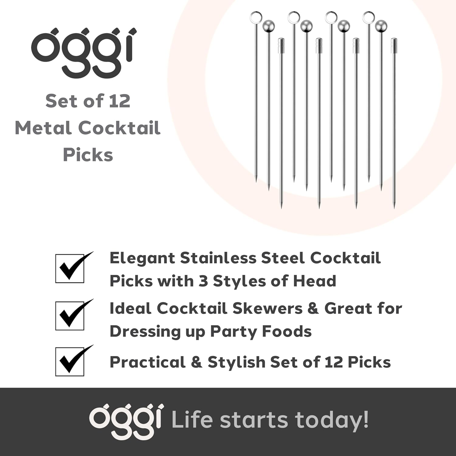 Oggi Set of 12 Cocktail Picks – 4" – Stainless Steel