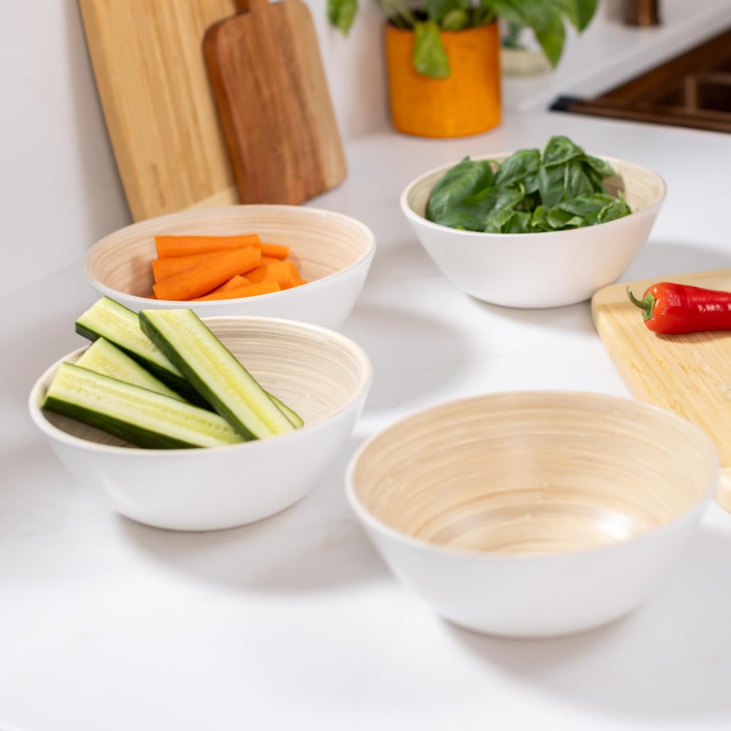 Joyce Chen Lexa Bamboo Salad Bowl Set – White – 8 Inch – Set of 4