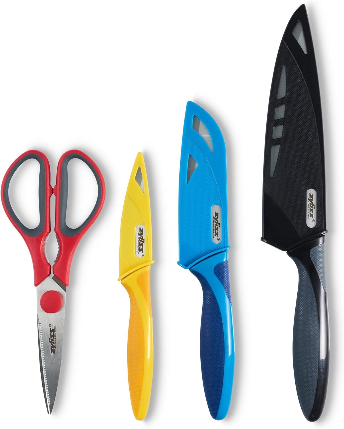 Zyliss Starter Knife & Tool Set – 4pc (Peeler / Mini Santoku / Chef’s Knife / Kitchen Shears) by Kitchen Niche