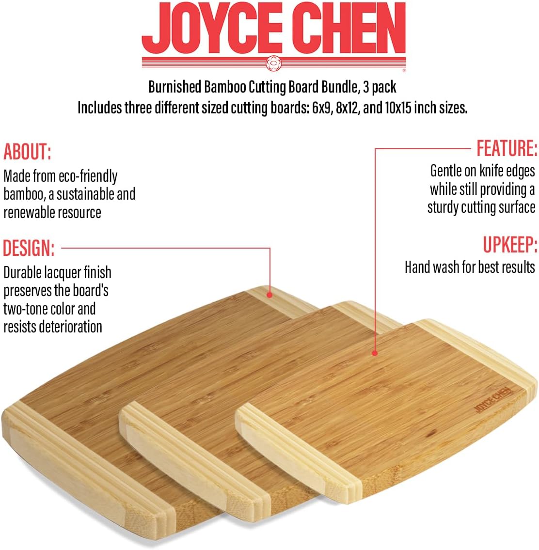 Joyce Chen Burnished Bamboo Cutting Board Set – 3 Piece
