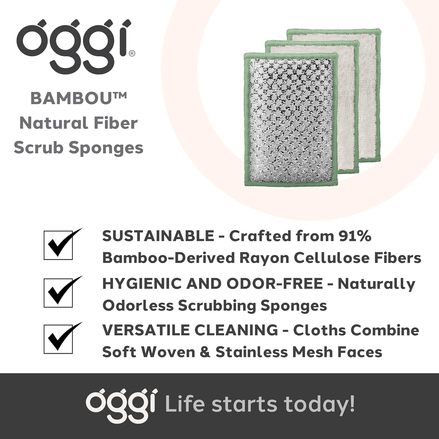 Oggi Set of 3 Sage Bamboo Scrubbing Sponges