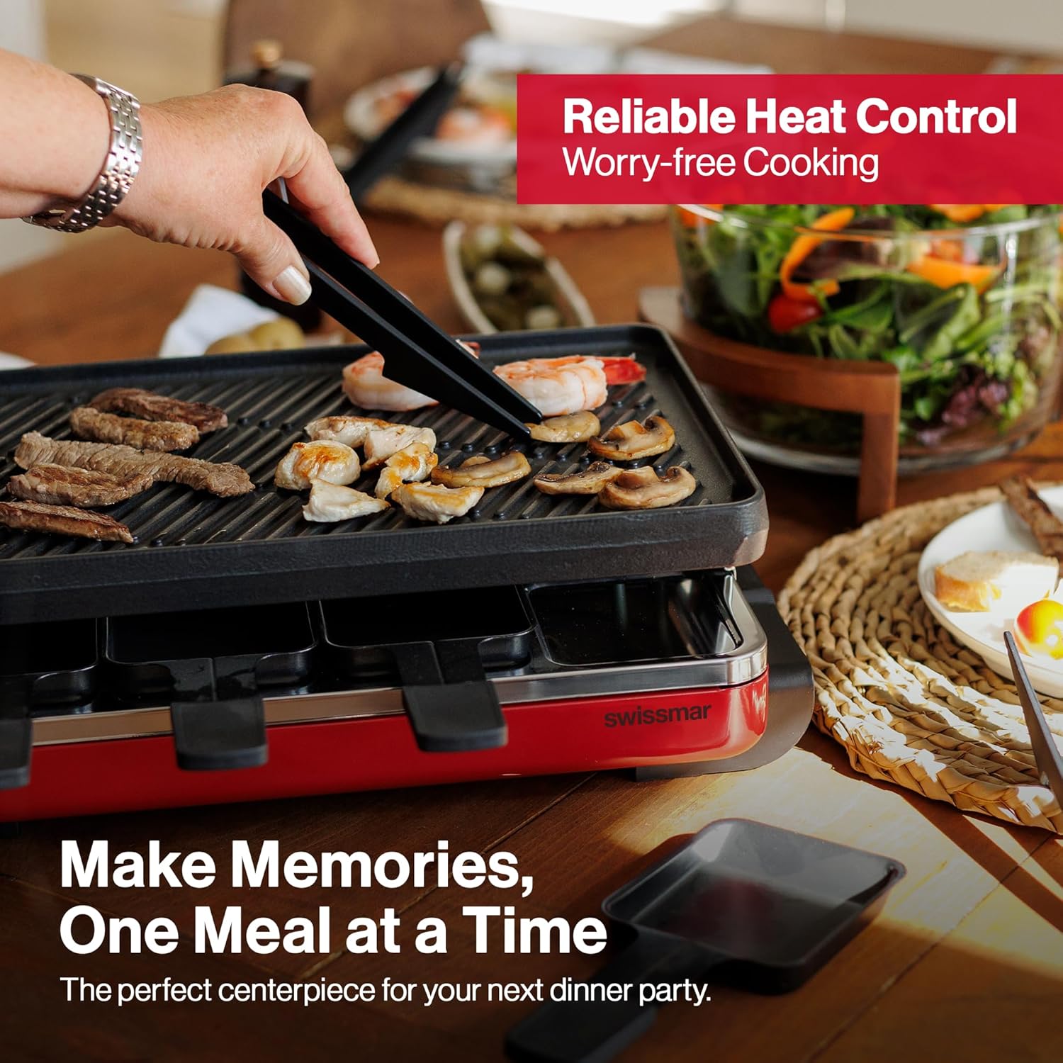 Swissmar Classic 8-Person Raclette Grill – Cast Iron Plate – Red