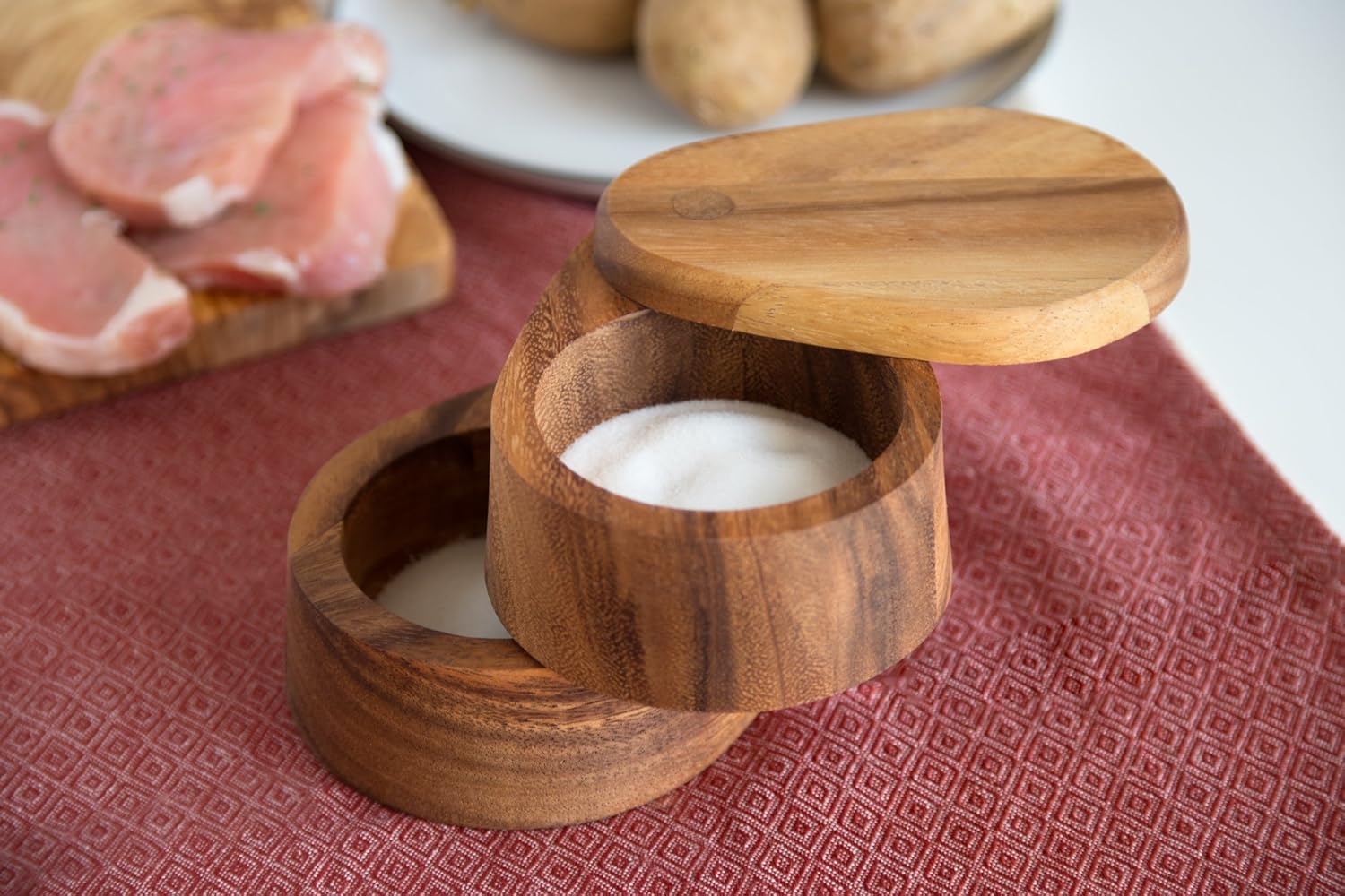 Ironwood Acacia Wood Double Layer Swivel Salt Box
