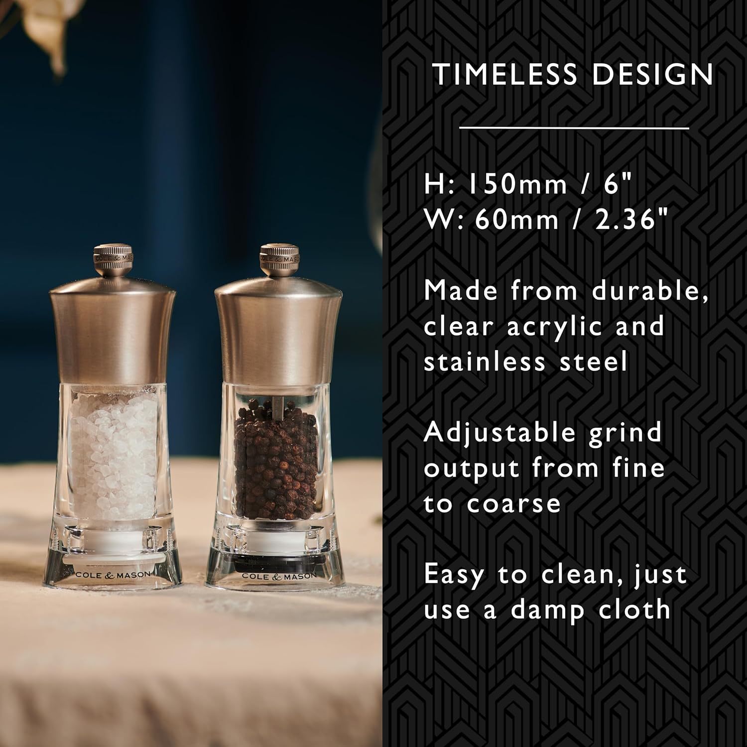 Cole & Mason Bromley Pepper Mill – Acrylic & Stainless Steel – 6" / 15 cm