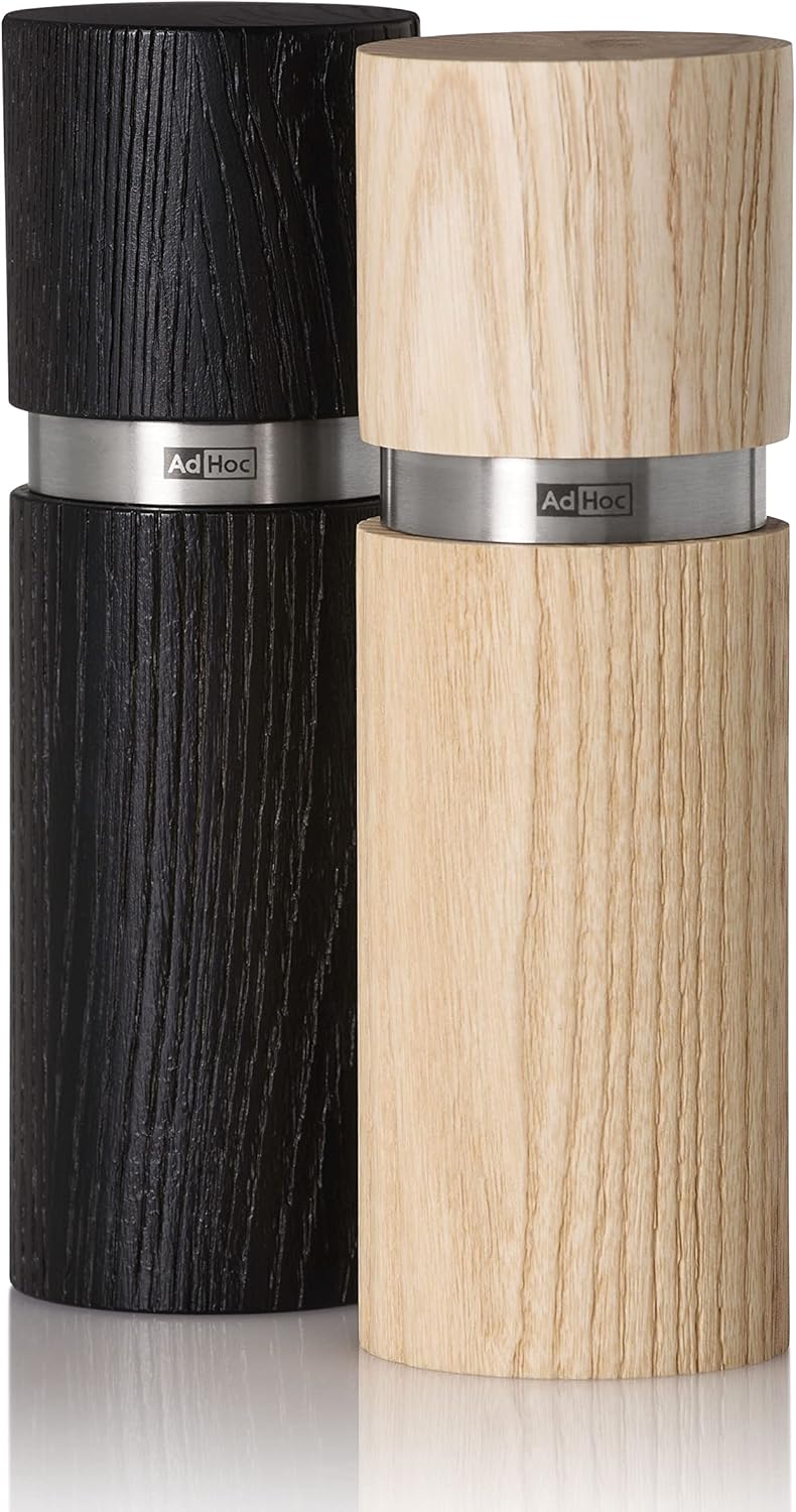 AdHoc Textura Salt and Pepper Mill Set – Light / Dark Ash Wood – 6" / 15 cm by Kitchen Niche