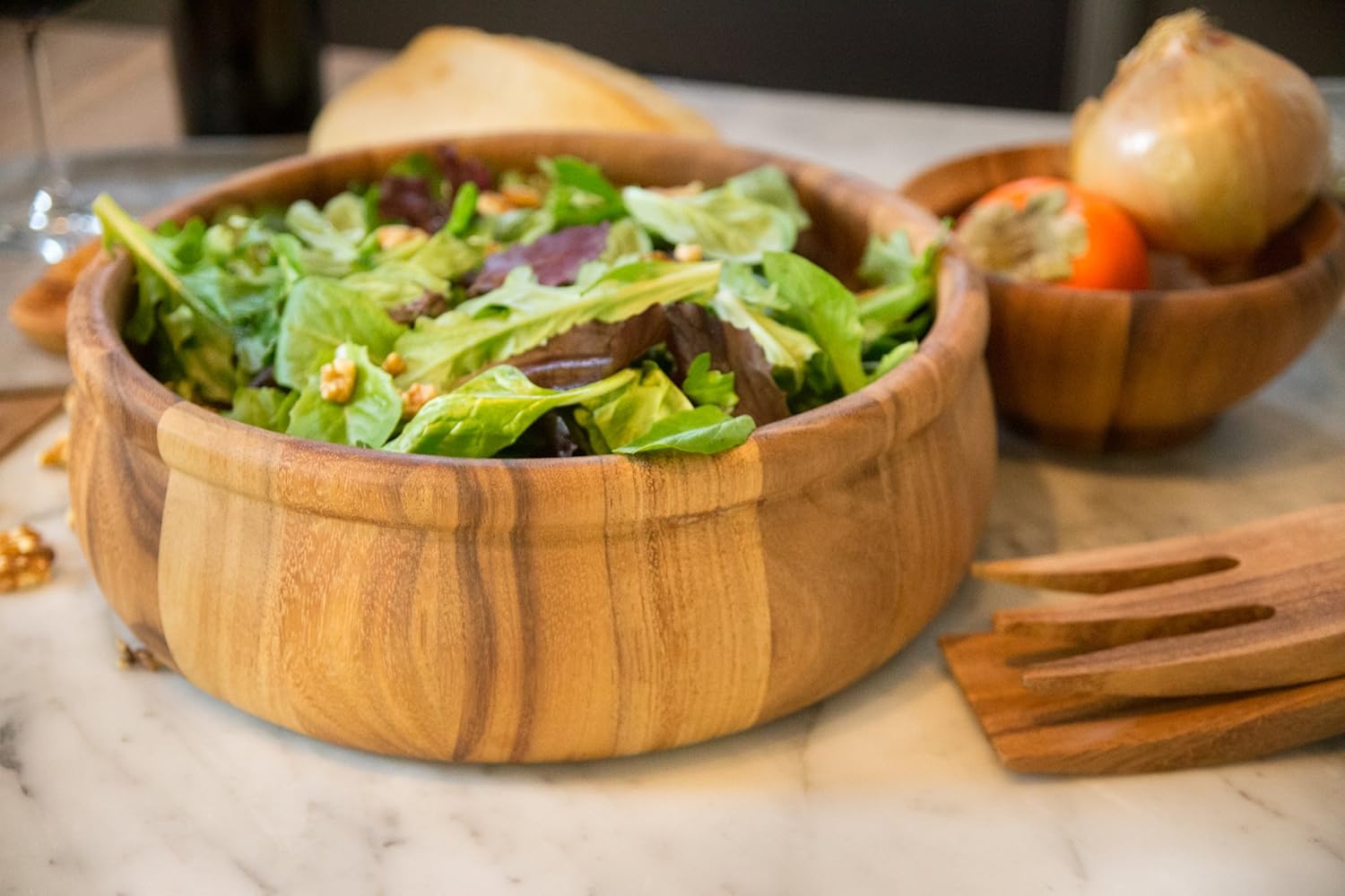 Ironwood Bead Rim Salad Bowl – Large Acacia Wood