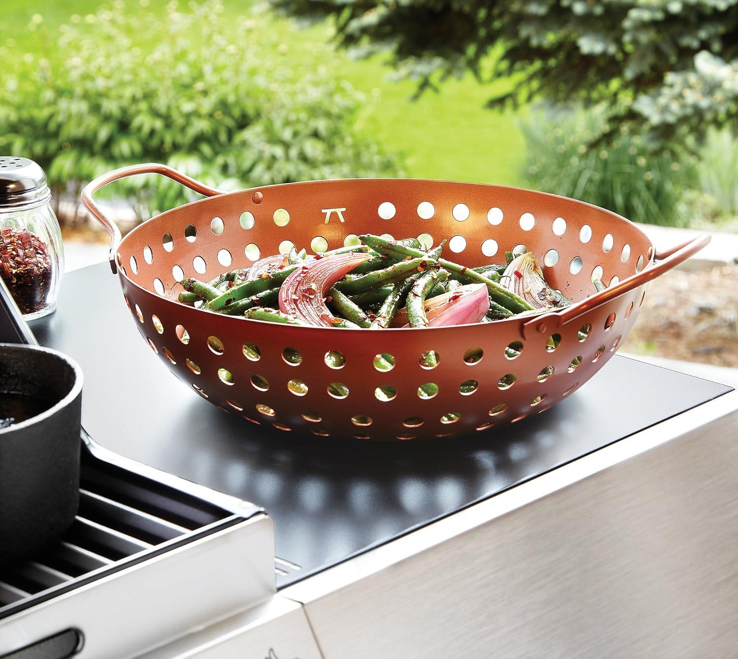 Outset Round Copper Non-Stick Grill Wok with Handles