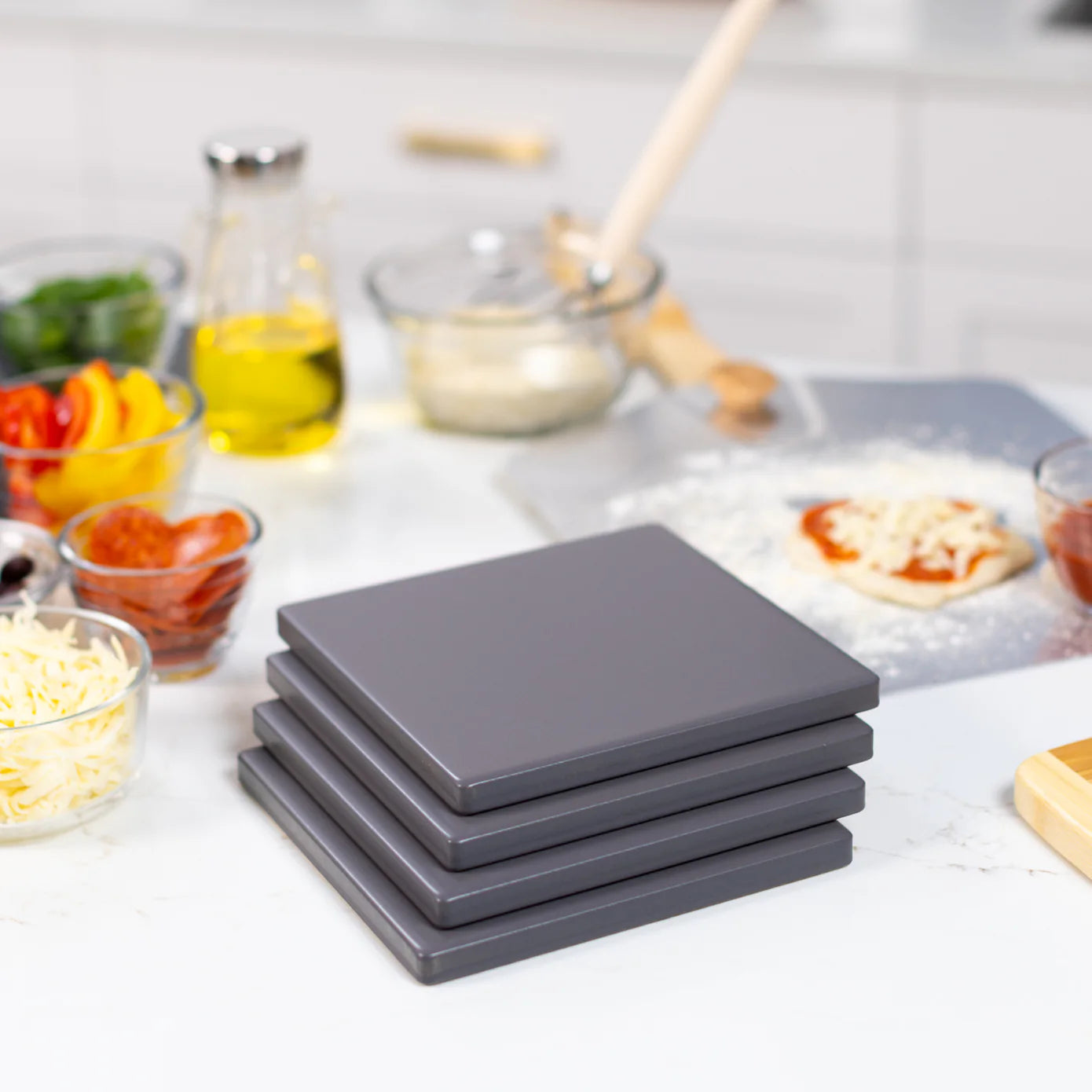 Old Stone Pizza Kitchen Glazed Cordierite Square Pizza Stone 4 Piece Set, 7.5x7.5-Inch, Grey Old Stone Pizza Kitchen by Kitchen Niche