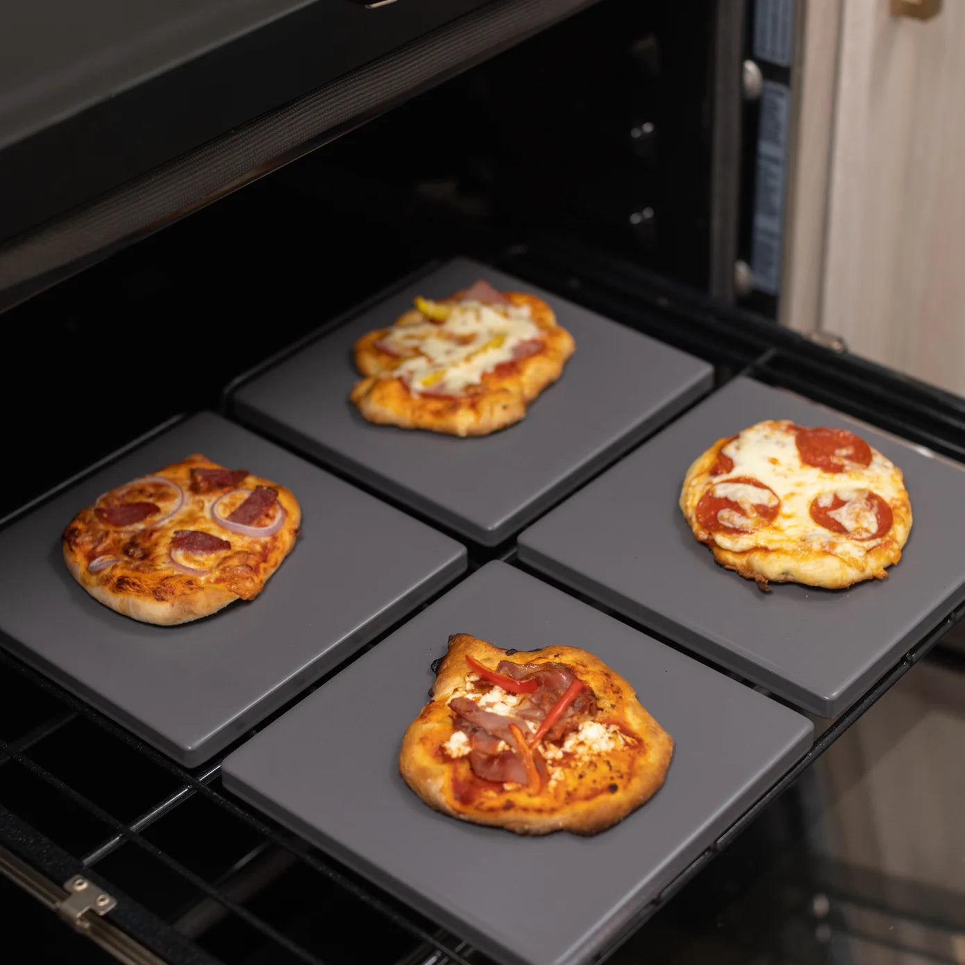Old Stone Pizza Kitchen Glazed Cordierite Square Pizza Stone 4 Piece Set, 7.5x7.5-Inch, Grey Old Stone Pizza Kitchen by Kitchen Niche