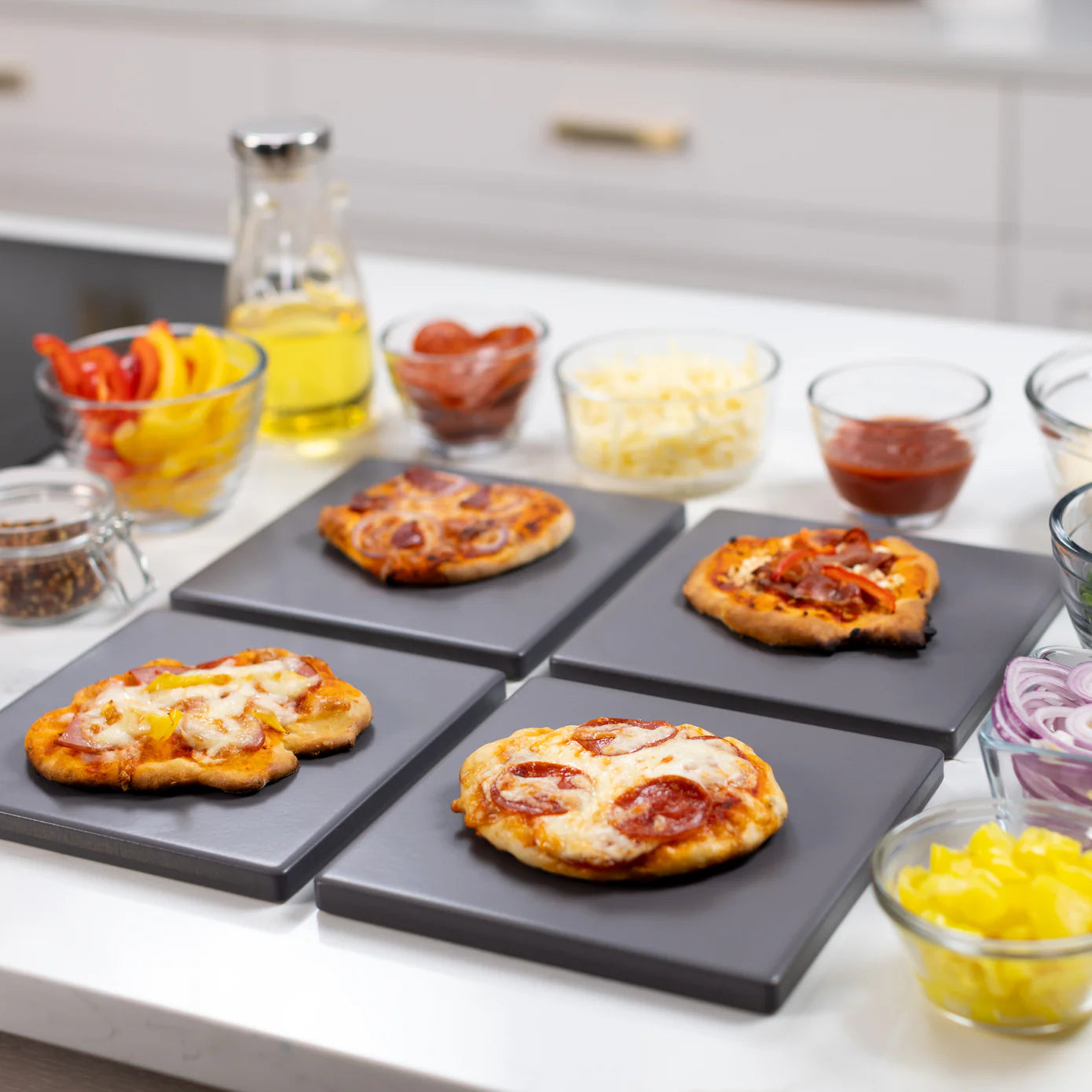 Old Stone Pizza Kitchen Glazed Cordierite Square Pizza Stone 4 Piece Set, 7.5x7.5-Inch, Grey Old Stone Pizza Kitchen by Kitchen Niche