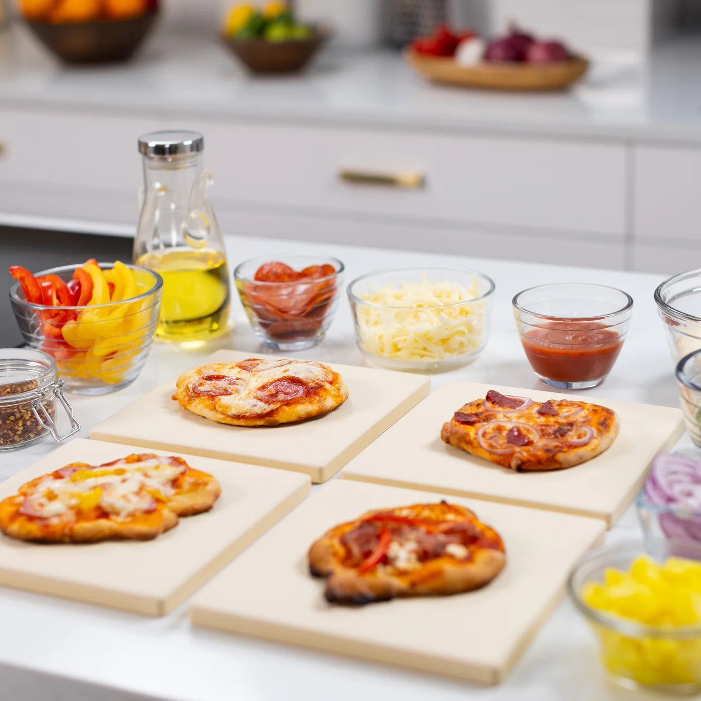 Old Stone Pizza Kitchen Cordierite Square Pizza Stone 4 Piece Set, 7.5x7.5-Inch, Beige Old Stone Pizza Kitchen by Kitchen Niche