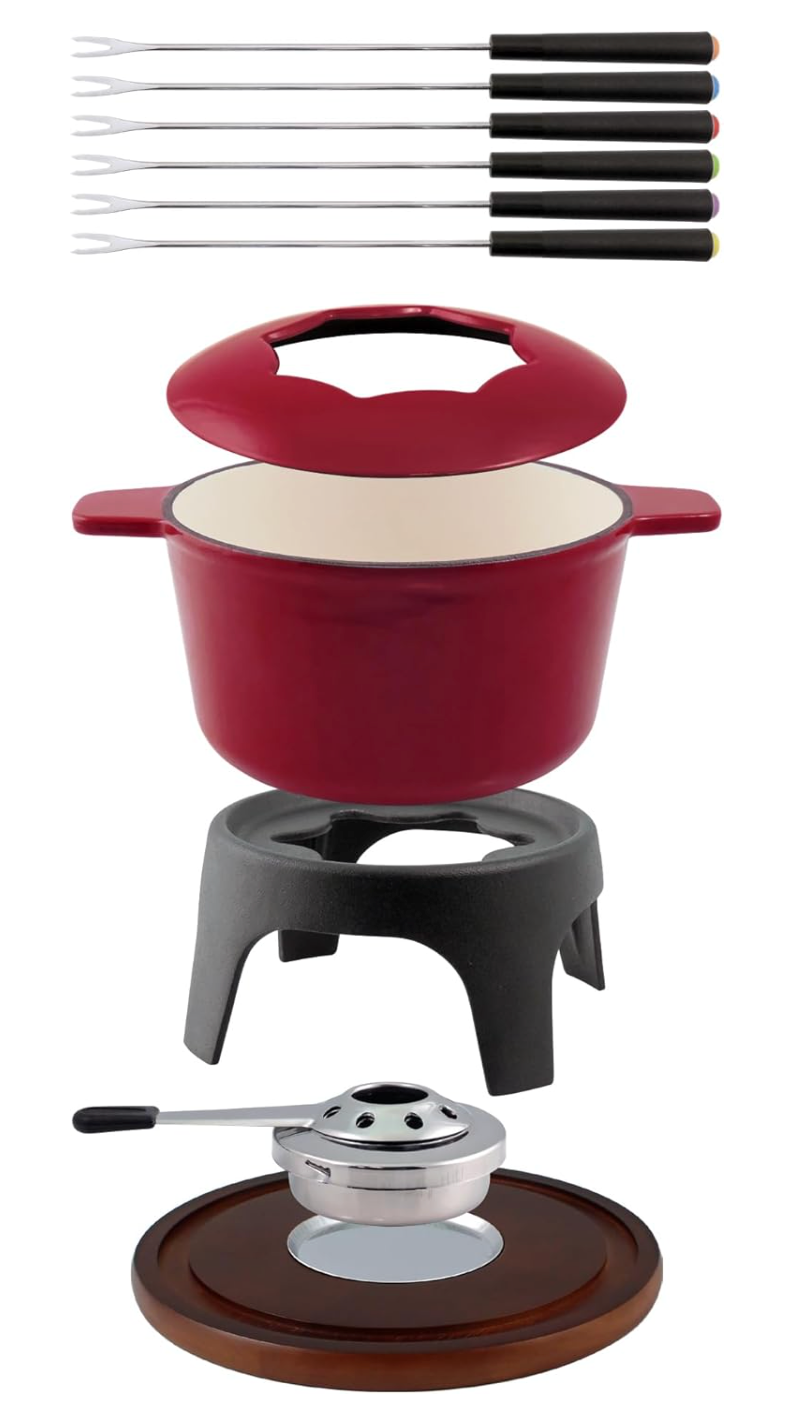 Swissmar Sierra Cast Iron Meat & Cheese Fondue Set – Cherry Red