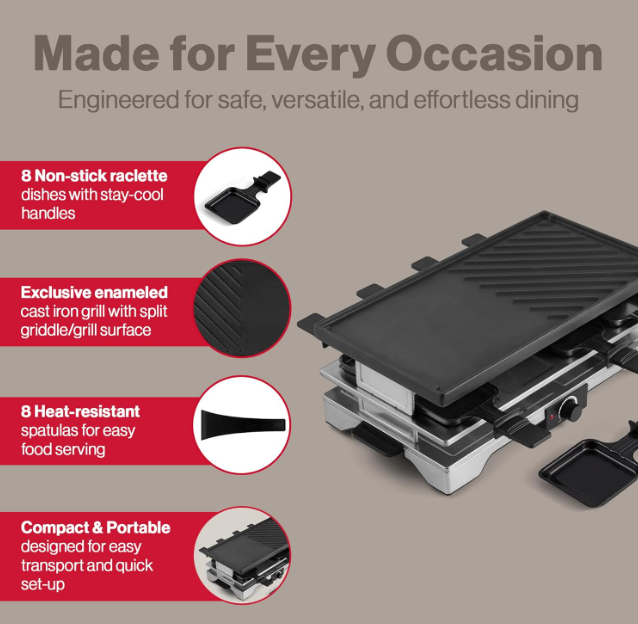 Swissmar Verso 8-Person Raclette Grill – Cast Iron Plate