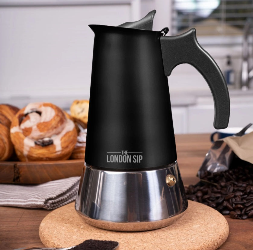 London Sip Stainless Steel Espresso Maker 3-Cup Black by Kitchen Niche