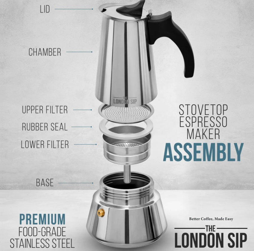 London Sip Stainless Steel Espresso Maker 6-Cup Black by Kitchen Niche