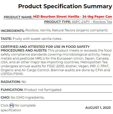 Metropolitan Tea M21 Bourbon Street Vanilla Tea Can Of 24 Bags by Kitchen Niche