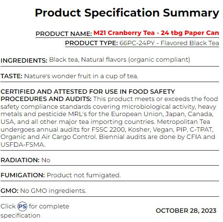 Metropolitan Tea M21 Cranberry Tea Can Of 24 Bags by Kitchen Niche