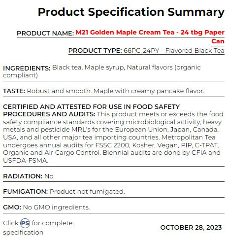 Metropolitan Tea M21 Golden Maple Cream Tea Can Of 24 Bags by Kitchen Niche