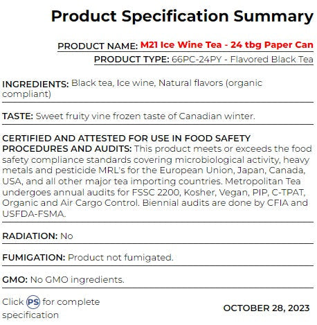 Metropolitan Tea M21 Ice Wine Tea Can Of 24 Bags by Kitchen Niche