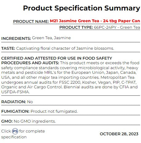 Metropolitan Tea M21 Jasmine Green Tea Can Of 24 Bags by Kitchen Niche