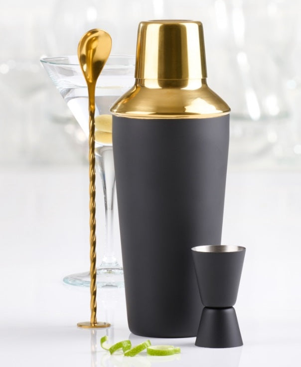 Trudeau Cocktail Shaker Set – Black & Gold – 3-Piece by Kitchen Niche