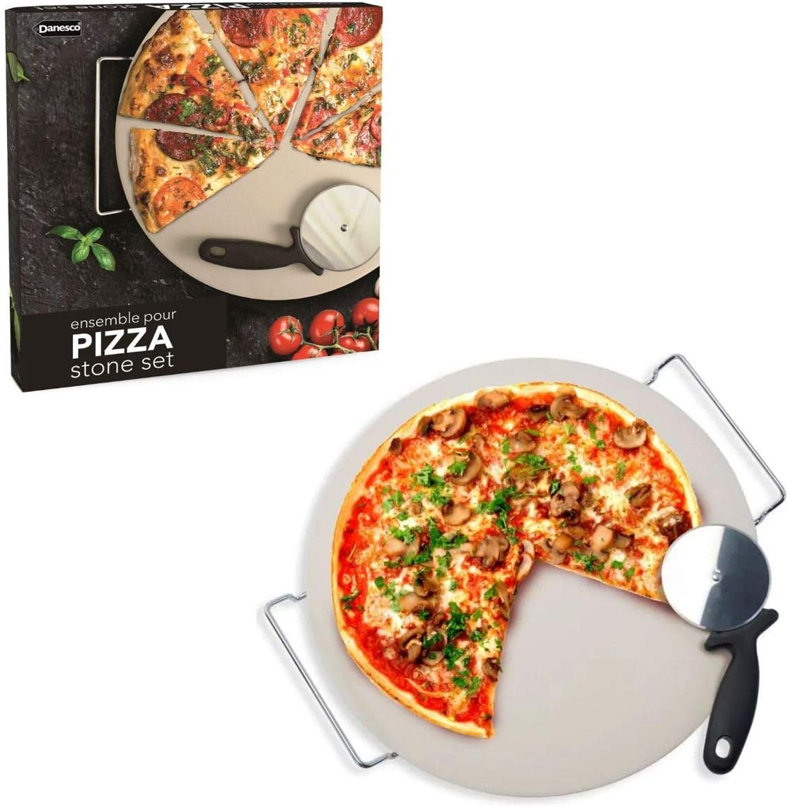 Danesco Pizza Stone with Rack & Pizza Wheel