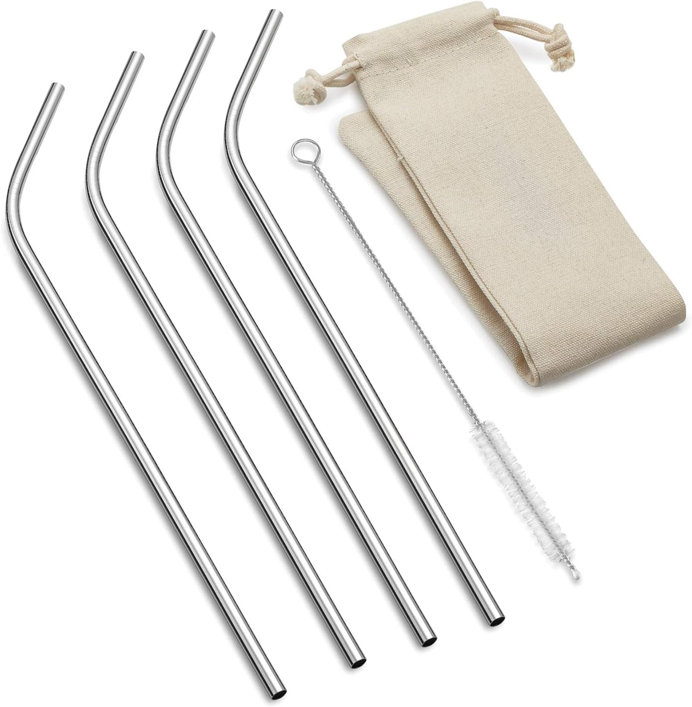 Outset Bent Stainless Steel Long Straw with Natural Bag