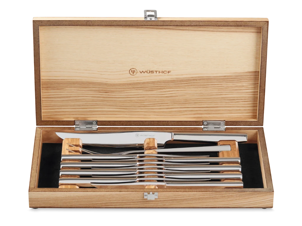 Wüsthof Stainless Steel Steak &amp; Carving Set with Olivewood Gift Box – 10 pcs.