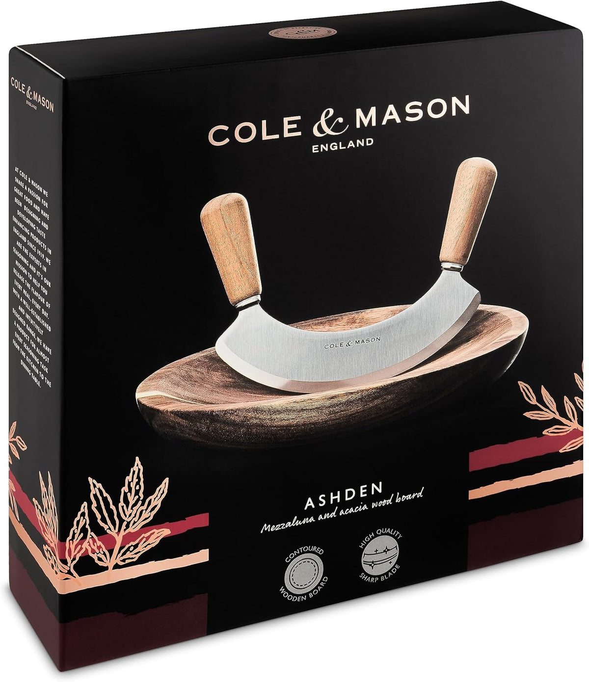 Cole & Mason Ashden Mezzaluna with Acacia Board – Ø 9.5" / 24.1 cm