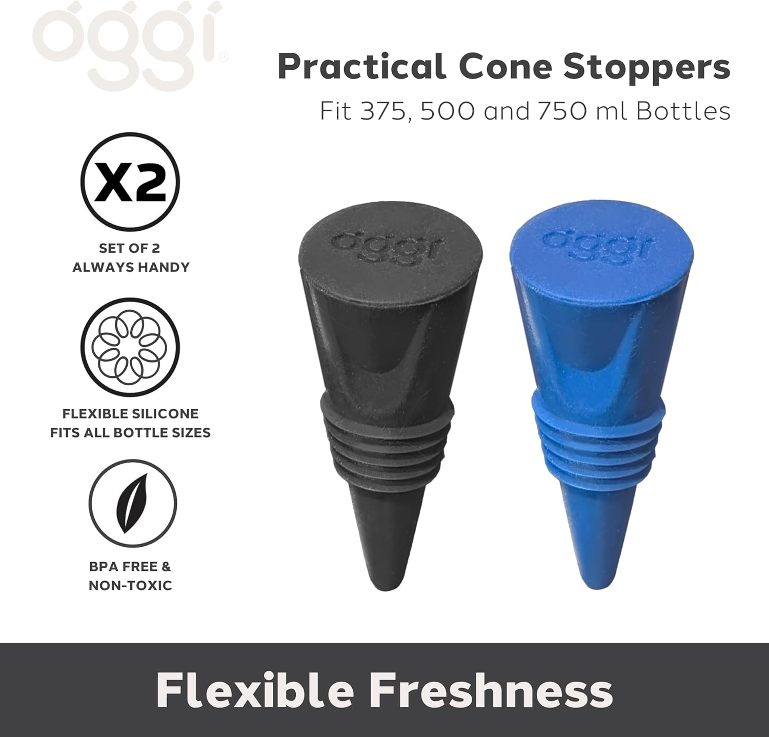 Oggi Set of 2 Cone Stoppers – Black / Blue