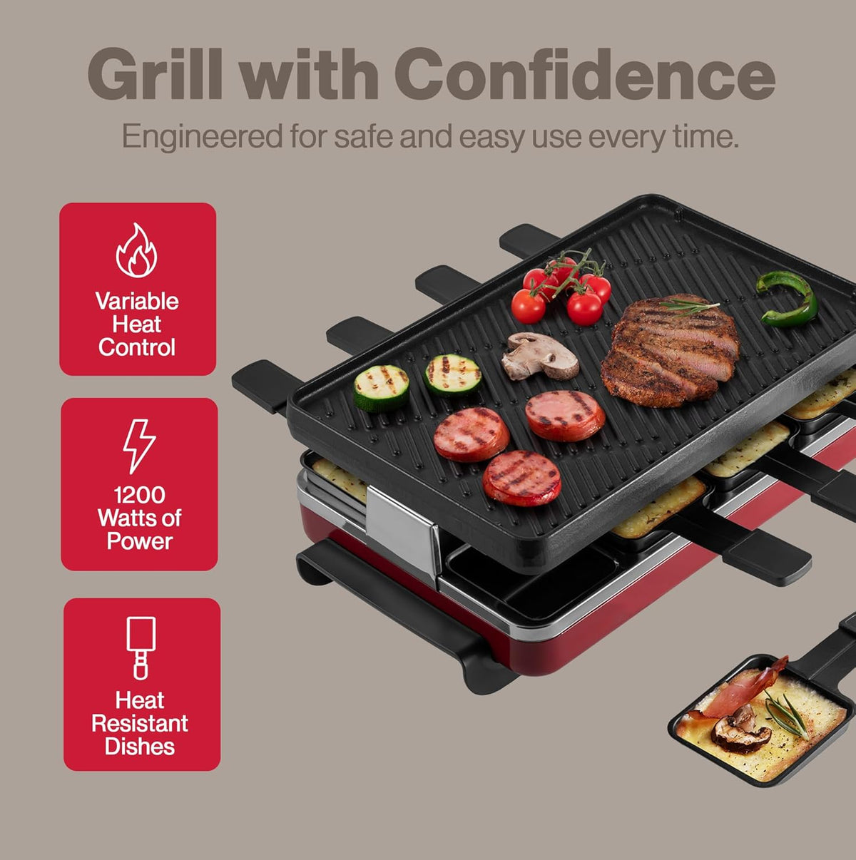 Swissmar Classic 8-Person Raclette Grill – Cast Iron Plate – Red