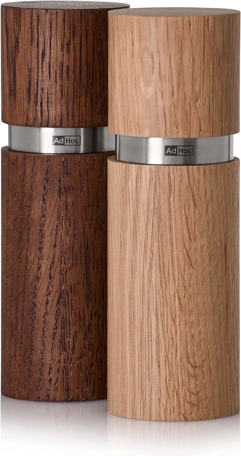 AdHoc Textura Salt and Pepper Mill Set – Light / Dark Oak Wood – 6" / 15 cm